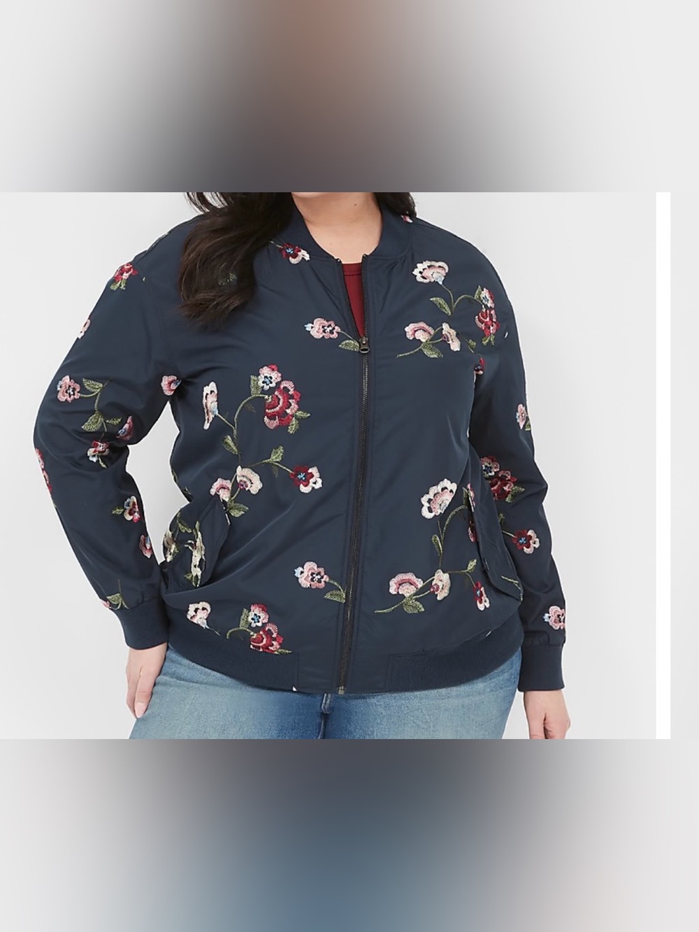 Lane Bryant NWT Sz 26/28 Embroidered Floral Blue Bomber Jacket